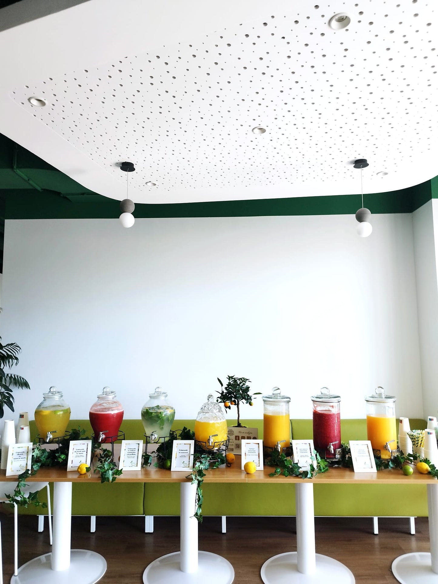Aranjament elegant cu bar de smoothie pentru petreceri private sau evenimente corporate. Băuturi răcoritoare naturale servite din dispensere de sticlă. | Atelierul de Limonadă