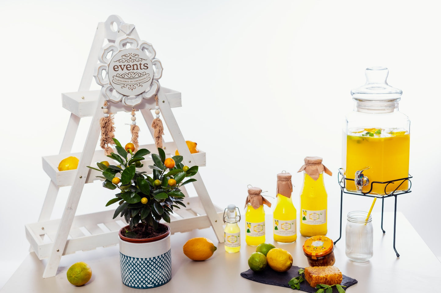 Limonadă la sticlă în sortimente de lămâie și miere, prezentată alături de dispenser cu limonadă, miere, citrice proaspete și decor marca Atelierul de Limonadă.