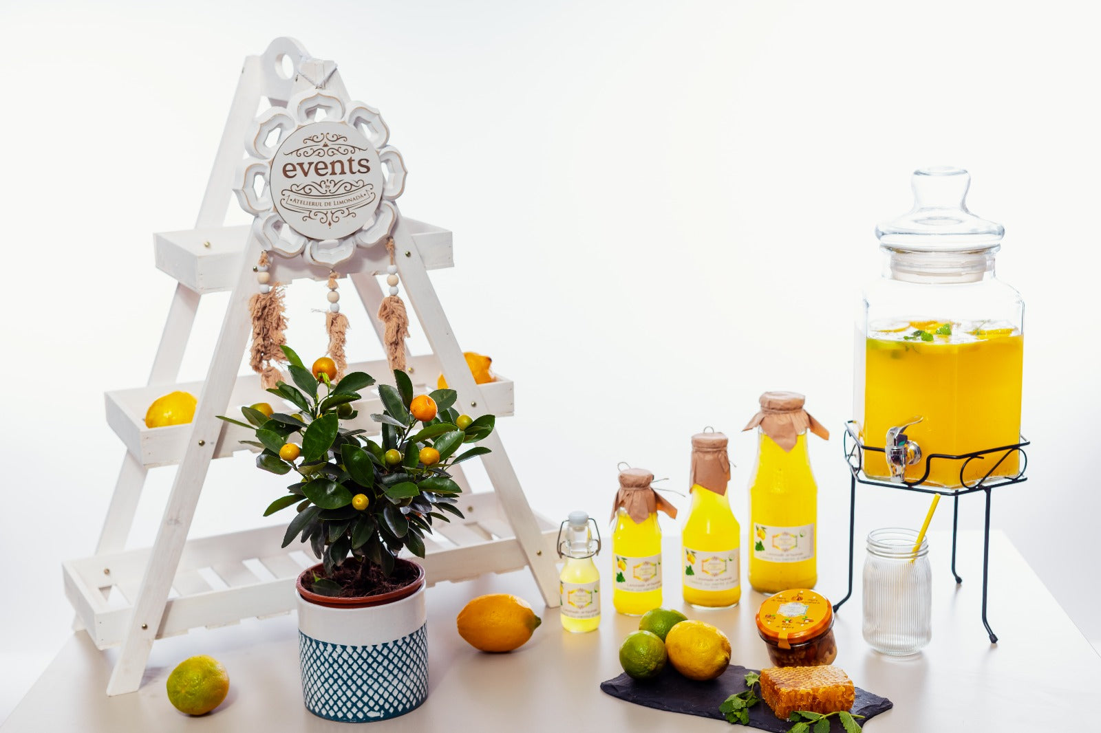 Limonadă la sticlă în sortimente de lămâie și miere, prezentată alături de dispenser cu limonadă, miere, citrice proaspete și decor marca Atelierul de Limonadă.