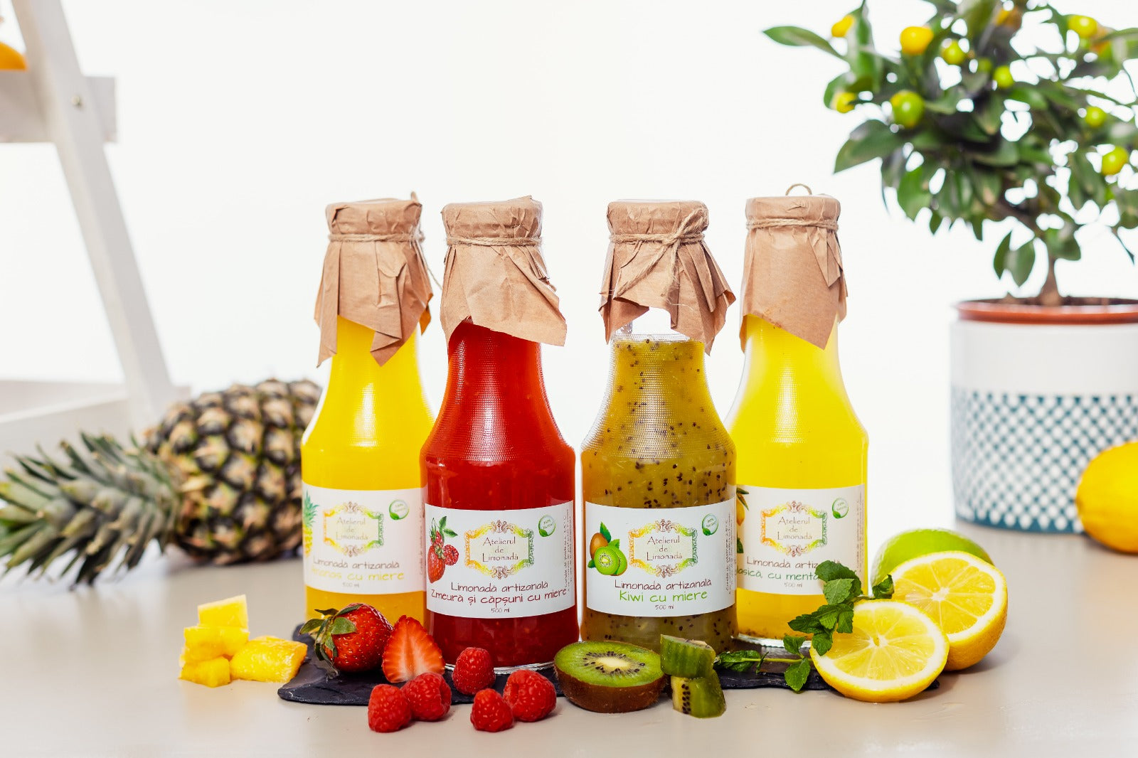 Gama completă de limonadă la sticlă: ananas cu miere, zmeură și căpșuni cu miere, kiwi cu miere și lămâie cu mentă, alături de fructe proaspete.